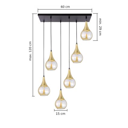 Lampadario a sospensione con filo LACRIMA HONEY 6xE27/60W/230V nero/oro/fumé beige