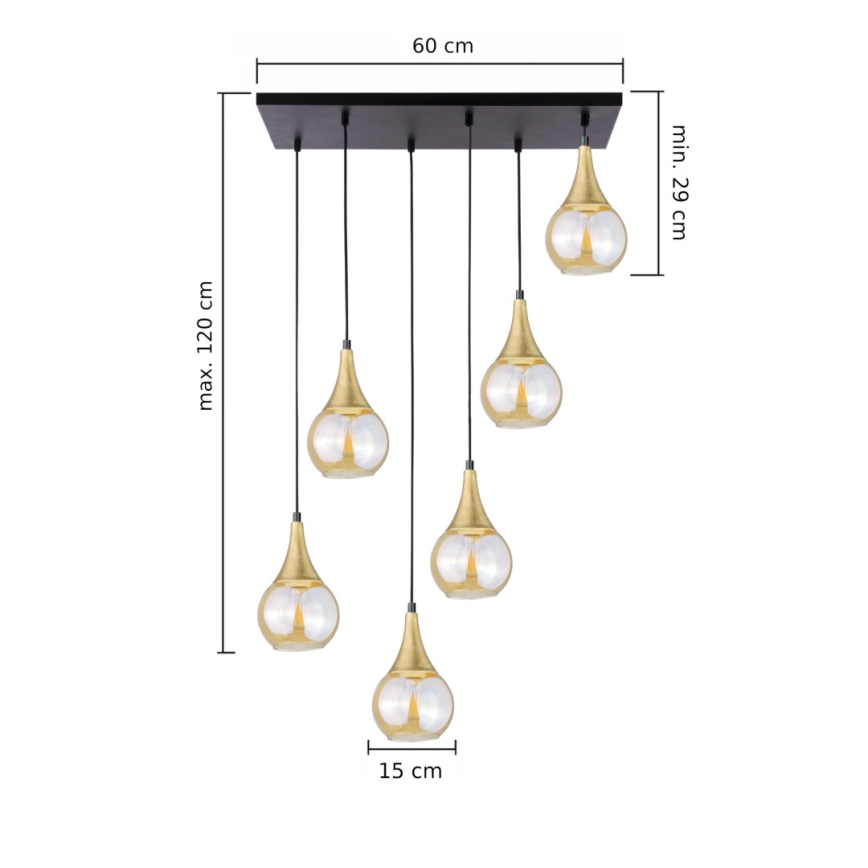 Lampadario a sospensione con filo LACRIMA HONEY 6xE27/60W/230V nero/oro/fumé beige