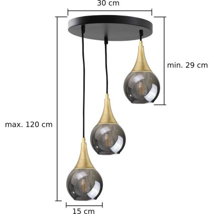 Lampadario a sospensione con filo LACRIMA SMOKY 3xE27/60W/230V diametro 30 cm