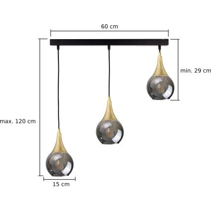 Lampadario a sospensione con filo LACRIMA SMOKY 3xE27/60W/230V