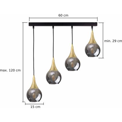 Lampadario a sospensione con filo LACRIMA SMOKY 4xE27/60W/230V