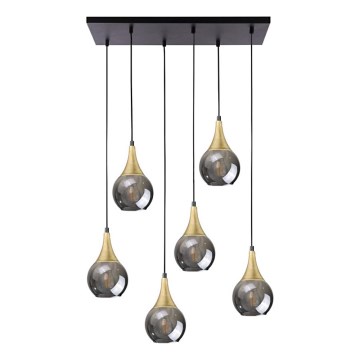 Lampadario a sospensione con filo LACRIMA SMOKY 6xE27/60W/230V nero/oro/fumé nero