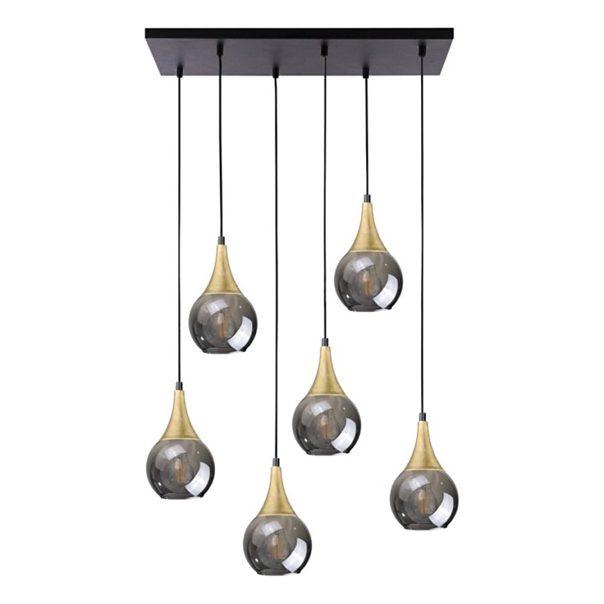 Lampadario a sospensione con filo LACRIMA SMOKY 6xE27/60W/230V nero/oro/fumé nero