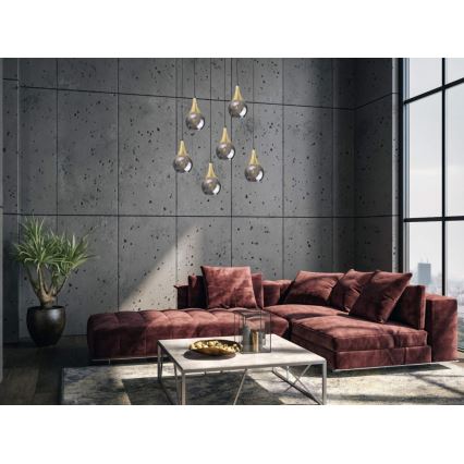 Lampadario a sospensione con filo LACRIMA SMOKY 6xE27/60W/230V nero/oro/fumé nero