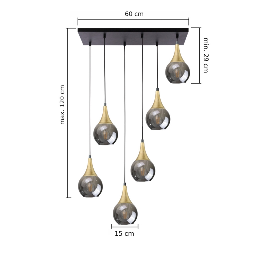 Lampadario a sospensione con filo LACRIMA SMOKY 6xE27/60W/230V nero/oro/fumé nero