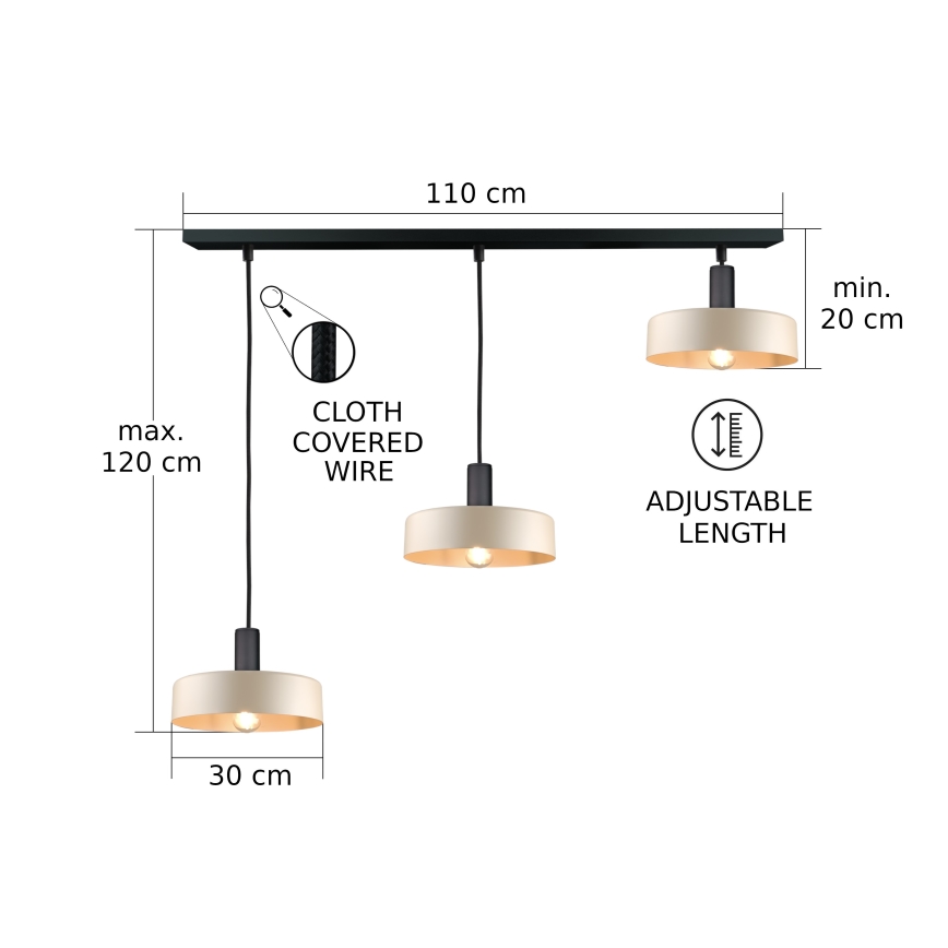 Lampadario a sospensione con filo LATTE 3xE27/60W/230V beige/nero