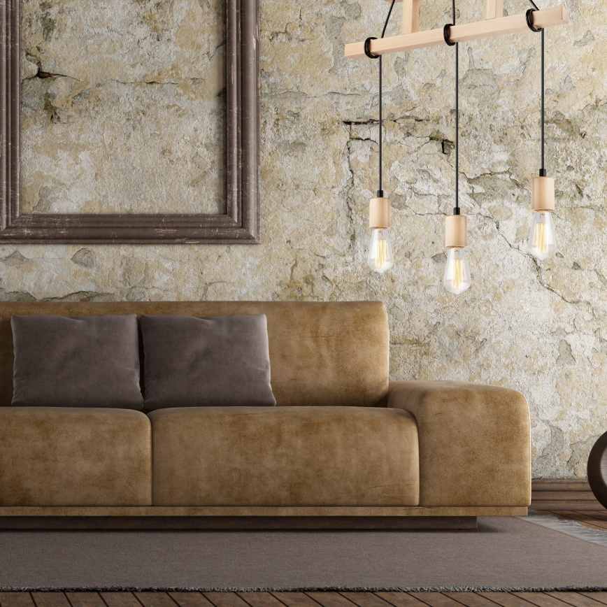 Lampadario a sospensione con filo LEON 3xE27/60W/230V faggio