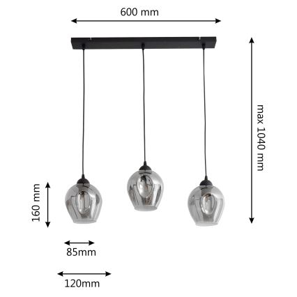 Lampadario a sospensione con filo LILI 3xE27/15W/230V nero/grigio