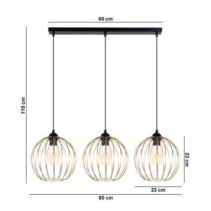 Lampadario a sospensione con filo MATT 3xE27/60W/230V nero/oro