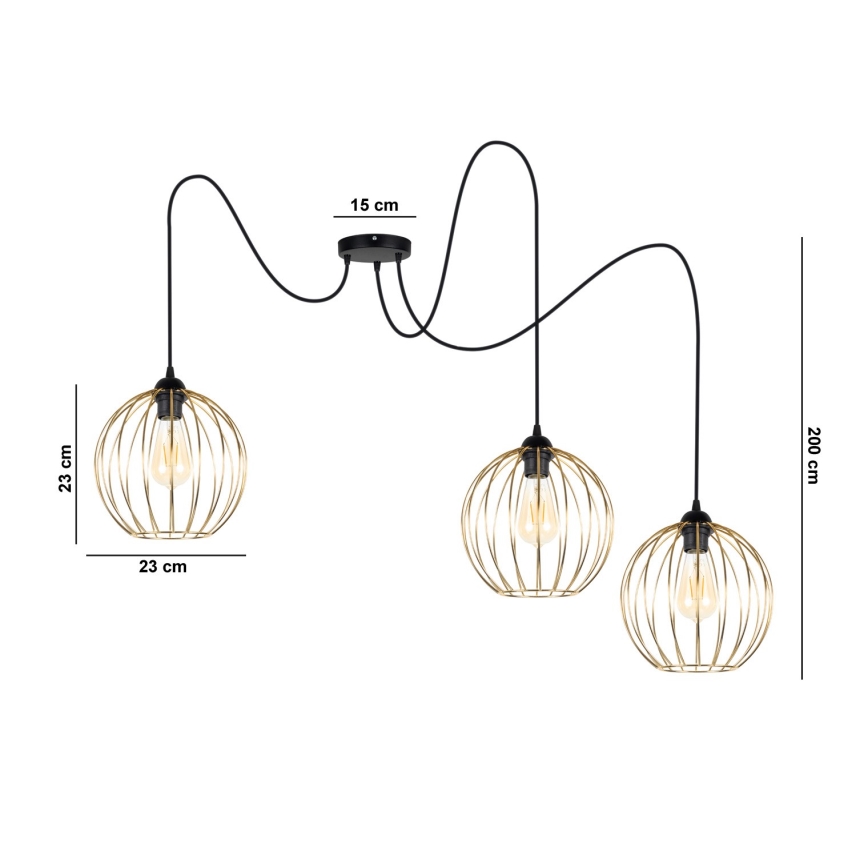 Lampadario a sospensione con filo MATT 3xE27/60W/230V ragno nero/oro