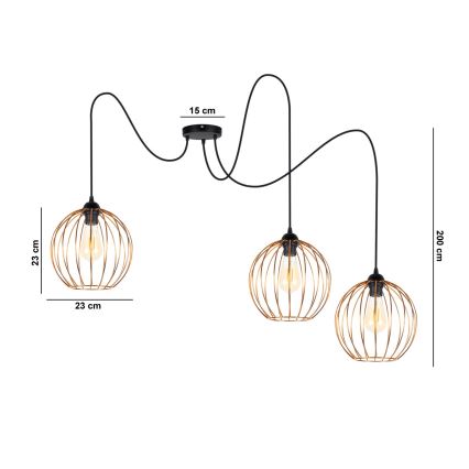 Lampadario a sospensione con filo MATT 3xE27/60W/230V ragno nero/rame