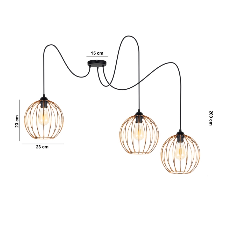 Lampadario a sospensione con filo MATT 3xE27/60W/230V ragno nero/rame