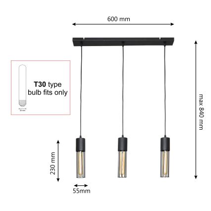 Lampadario a sospensione con filo MELODY 3xE27/15W/230V nero