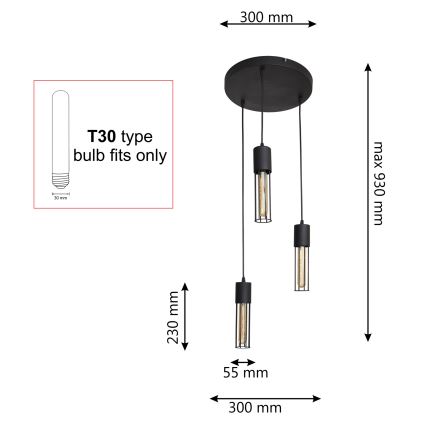 Lampadario a sospensione con filo MELODY 3xE27/15W/230V nero