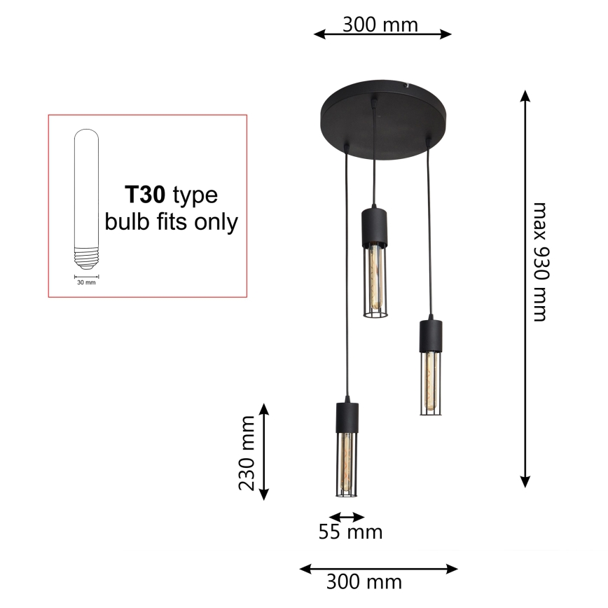 Lampadario a sospensione con filo MELODY 3xE27/15W/230V nero
