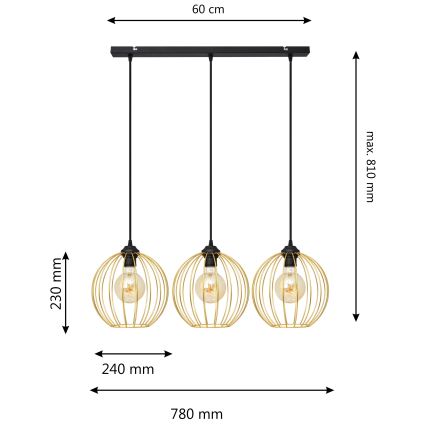 Lampadario a sospensione con filo MERCURE 3xE27/15W/230V oro/nero
