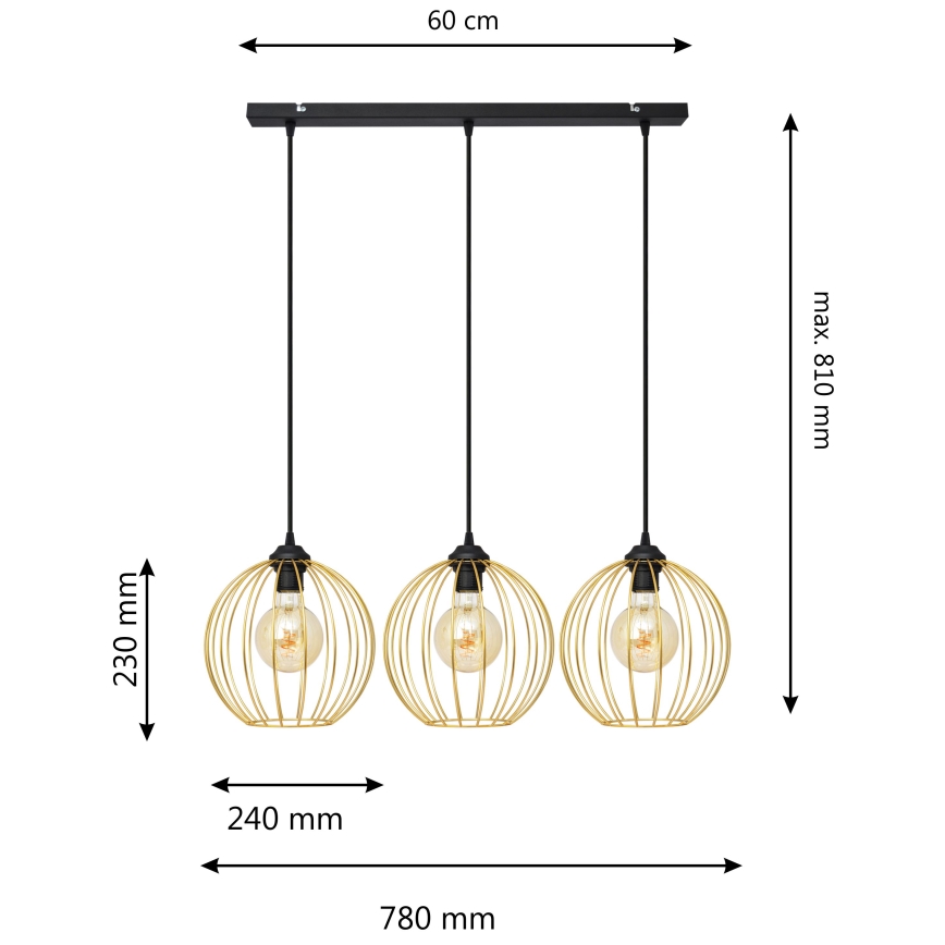 Lampadario a sospensione con filo MERCURE 3xE27/15W/230V oro/nero