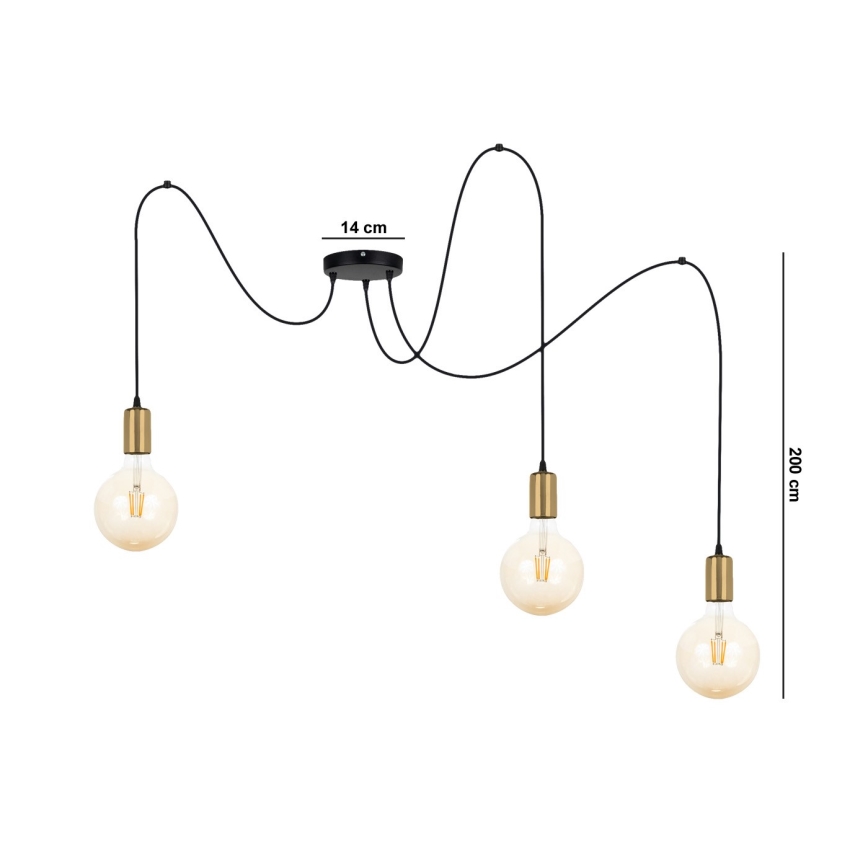 Lampadario a sospensione con filo MIROS 3xE27/60W/230V ragno nero/oro