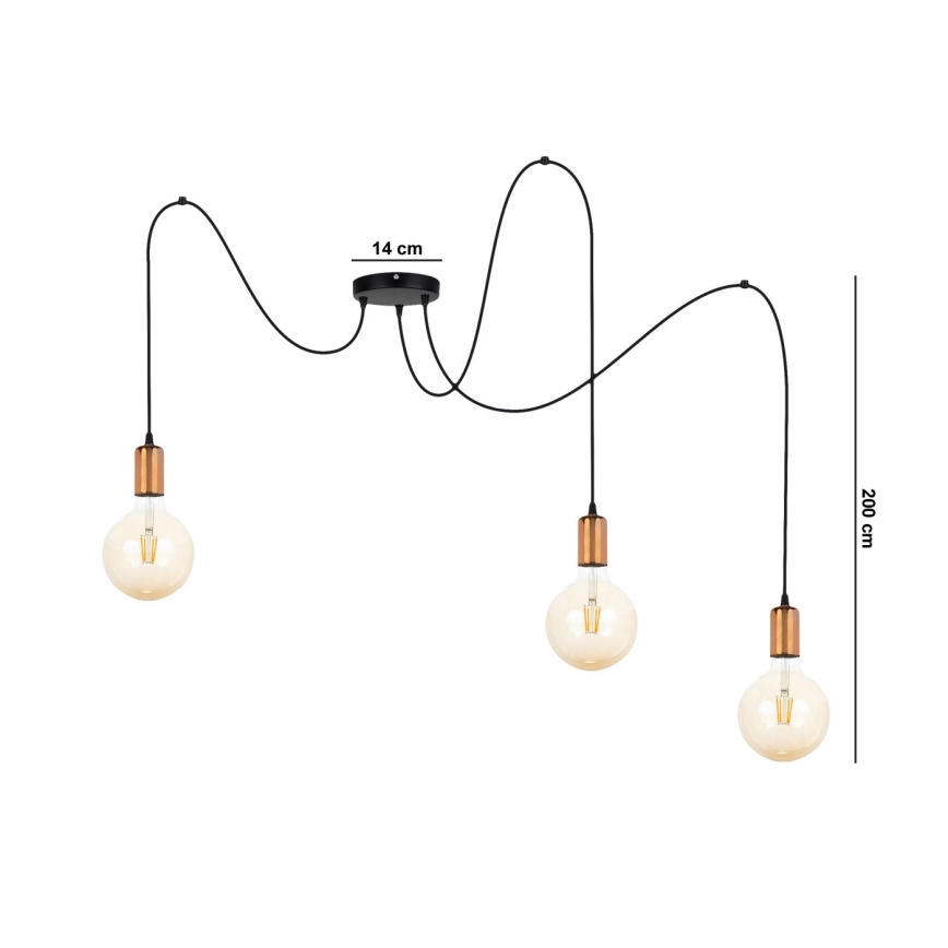 Lampadario a sospensione con filo MIROS 3xE27/60W/230V ragno nero/rame