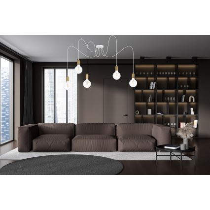 Lampadario a sospensione con filo MIROS 5xE27/60W/230V ragno bianco/oro