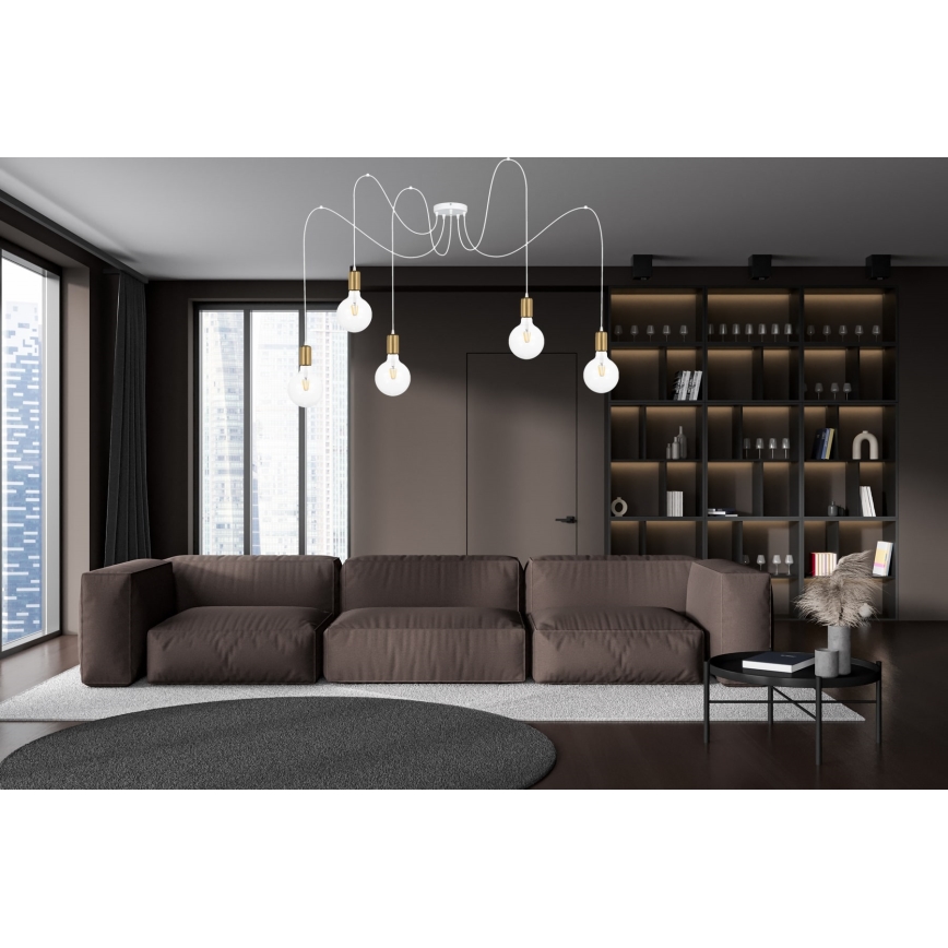 Lampadario a sospensione con filo MIROS 5xE27/60W/230V ragno bianco/oro