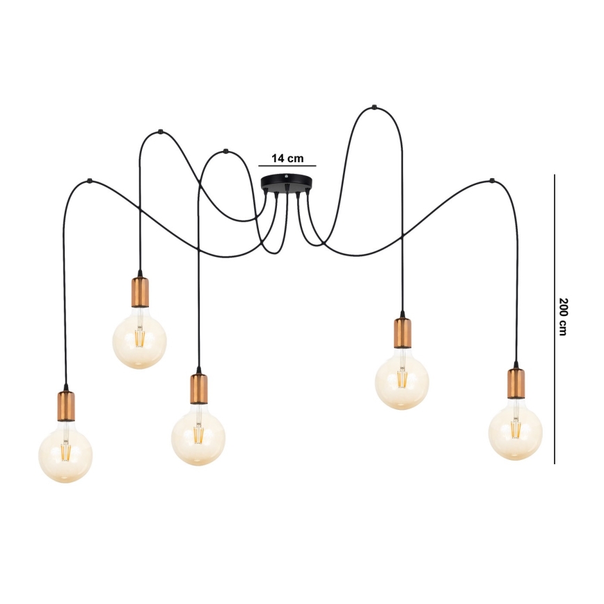 Lampadario a sospensione con filo MIROS 5xE27/60W/230V ragno nero/rame
