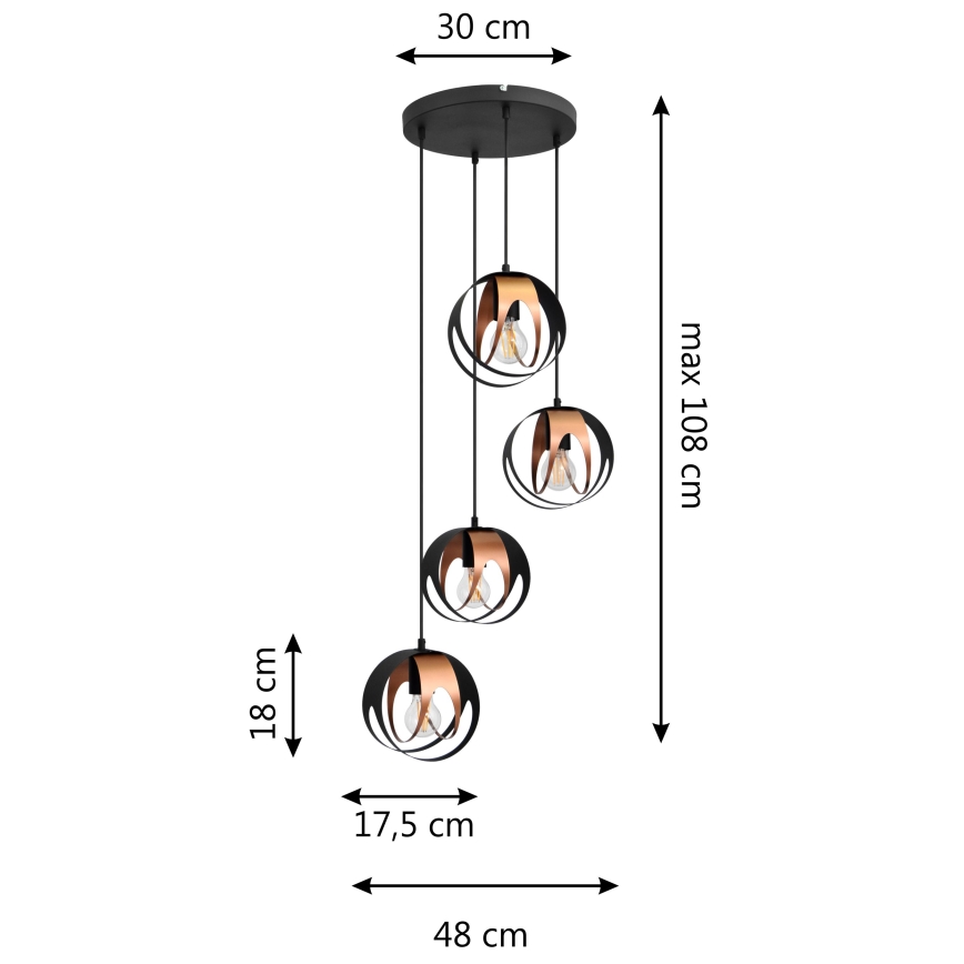 Lampadario a sospensione con filo MOONLIGHT 4xE27/15W/230V nero/rame