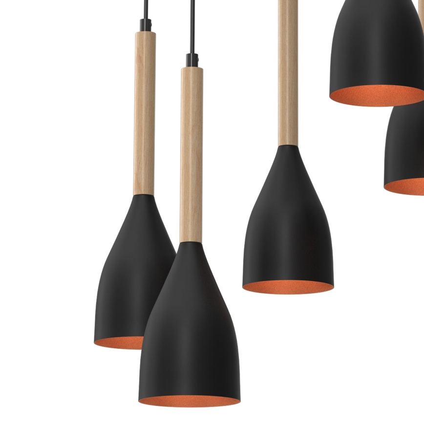 Lampadario a sospensione con filo MUZA 5xE27/15W/230V nero/beige/rame/faggio