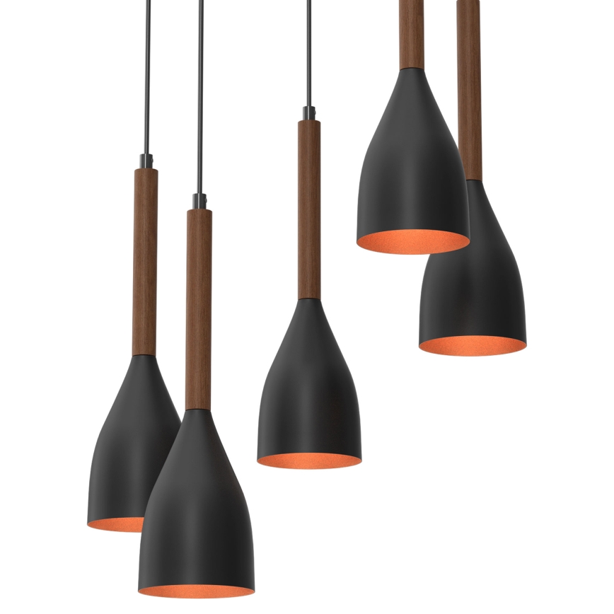 Lampadario a sospensione con filo MUZA 5xE27/15W/230V nero/marrone/rame/faggio