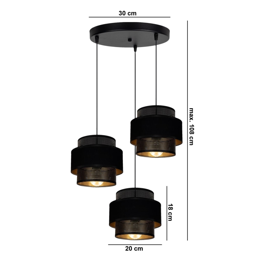 Lampadario a sospensione con filo NESS 3xE27/60W/230V diametro 45 cm nero