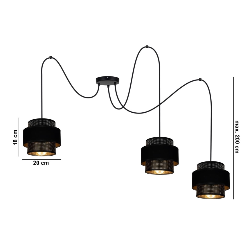 Lampadario a sospensione con filo NESS 3xE27/60W/230V ragno nero