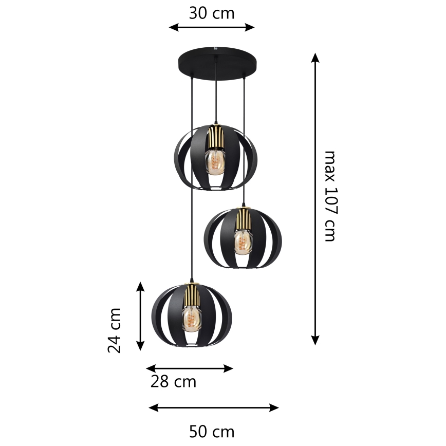 Lampadario a sospensione con filo NEWTON 3xE27/15W/230V nero