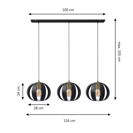 Lampadario a sospensione con filo NEWTON 3xE27/15W/230V nero/oro