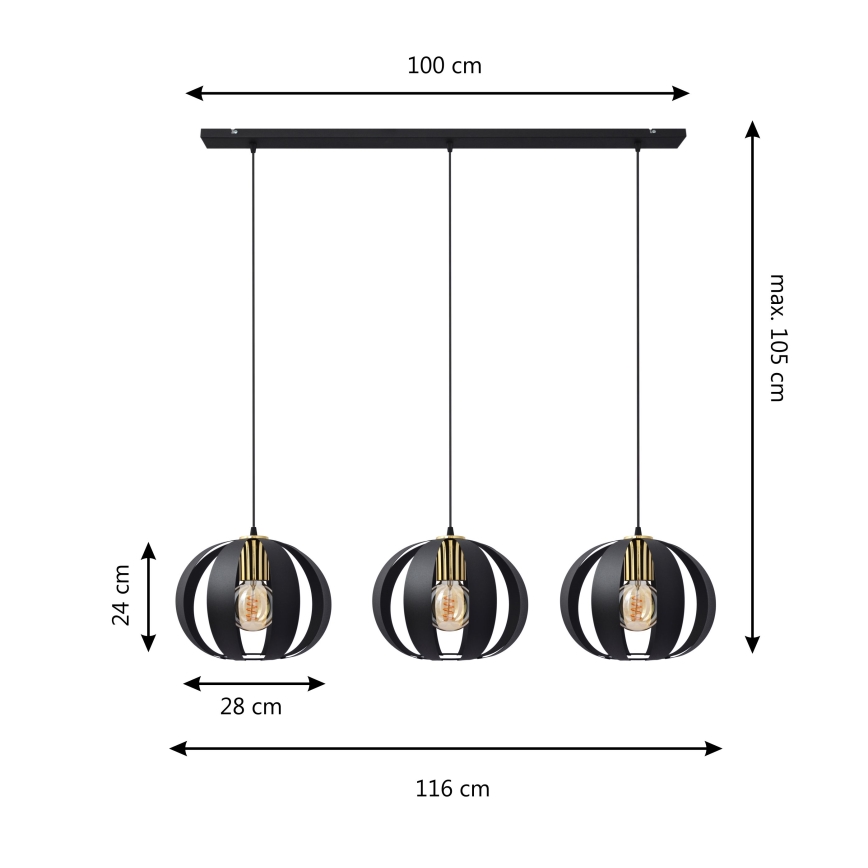 Lampadario a sospensione con filo NEWTON 3xE27/15W/230V nero/oro