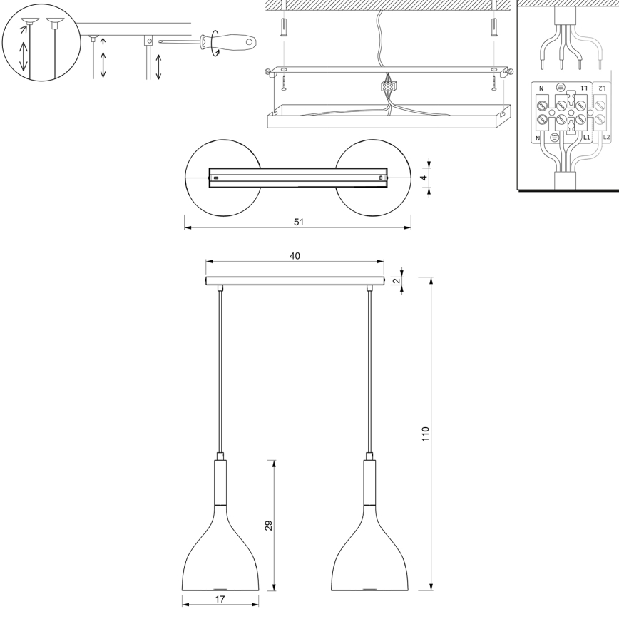Lampadario a sospensione con filo NOAK 2xE27/15W/230V ottone/oro