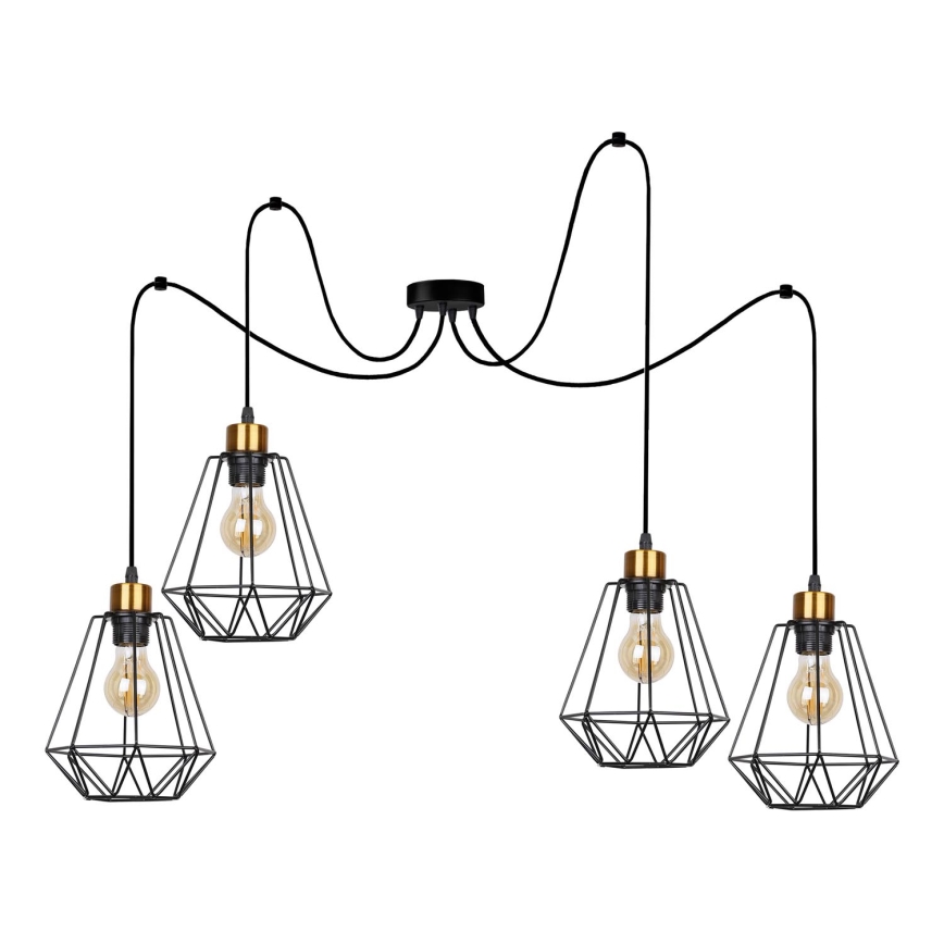 Lampadario a sospensione con filo PRIMO 4xE27/60W/230V ragno nero/oro