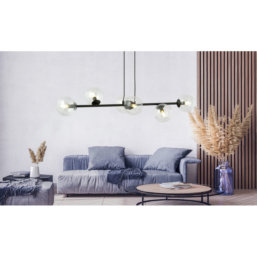 Lampadario a sospensione con filo ROSSI 6xE14/10W/230V nero/limpido