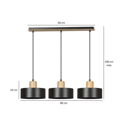 Lampadario a sospensione con filo TORIN 3xE27/15W/230V nero