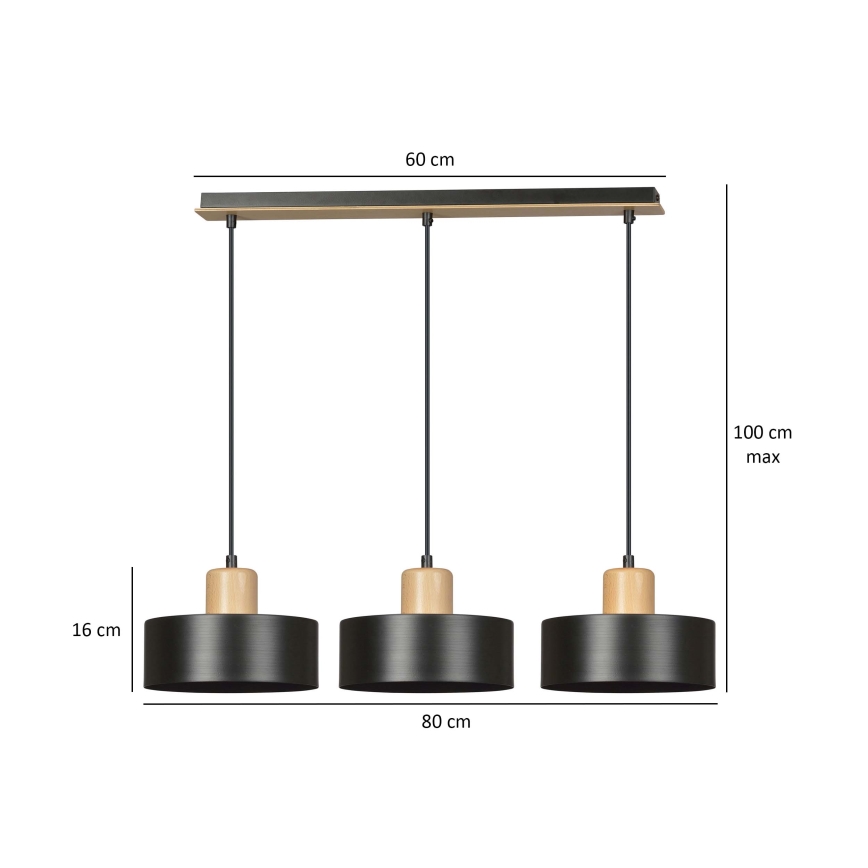 Lampadario a sospensione con filo TORIN 3xE27/15W/230V nero