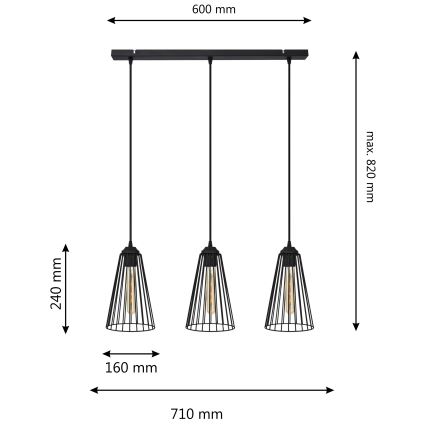 Lampadario a sospensione con filo TORRI 3xE27/15W/230V nero