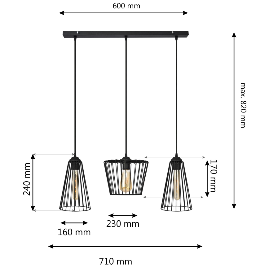 Lampadario a sospensione con filo TORRI 3xE27/15W/230V nero