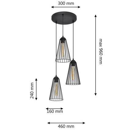 Lampadario a sospensione con filo TORRI 3xE27/15W/230V nero