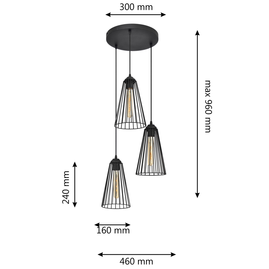 Lampadario a sospensione con filo TORRI 3xE27/15W/230V nero