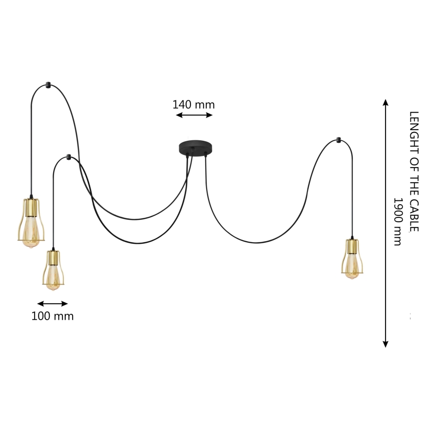 Lampadario a sospensione con filo TUBE 3xE27/10W/230V ragno nero/oro