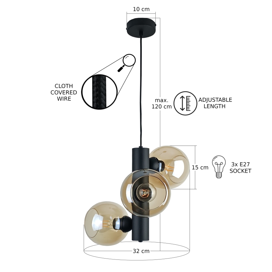 Lampadario a sospensione con filo TUBE 3xE27/60W/230V nero/fumé beige