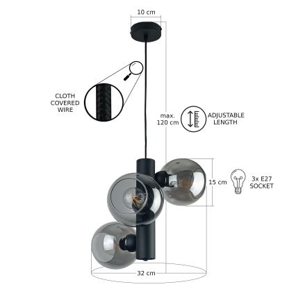 Lampadario a sospensione con filo TUBE 3xE27/60W/230V nero/fumé nero
