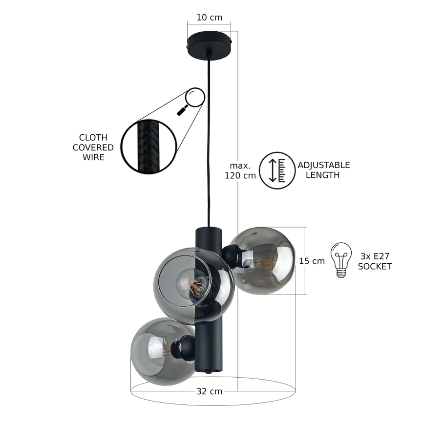 Lampadario a sospensione con filo TUBE 3xE27/60W/230V nero/fumé nero