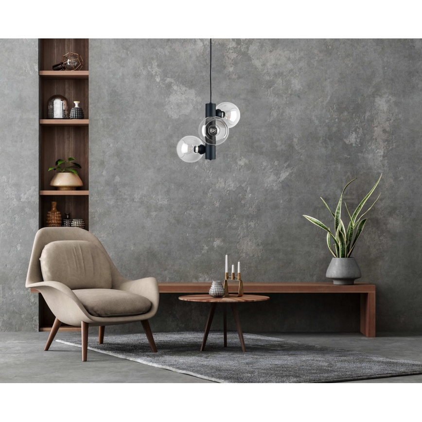 Lampadario a sospensione con filo TUBE 3xE27/60W/230V nero/limpido