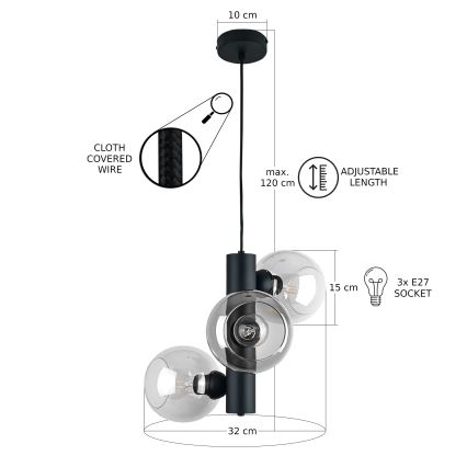 Lampadario a sospensione con filo TUBE 3xE27/60W/230V nero/limpido