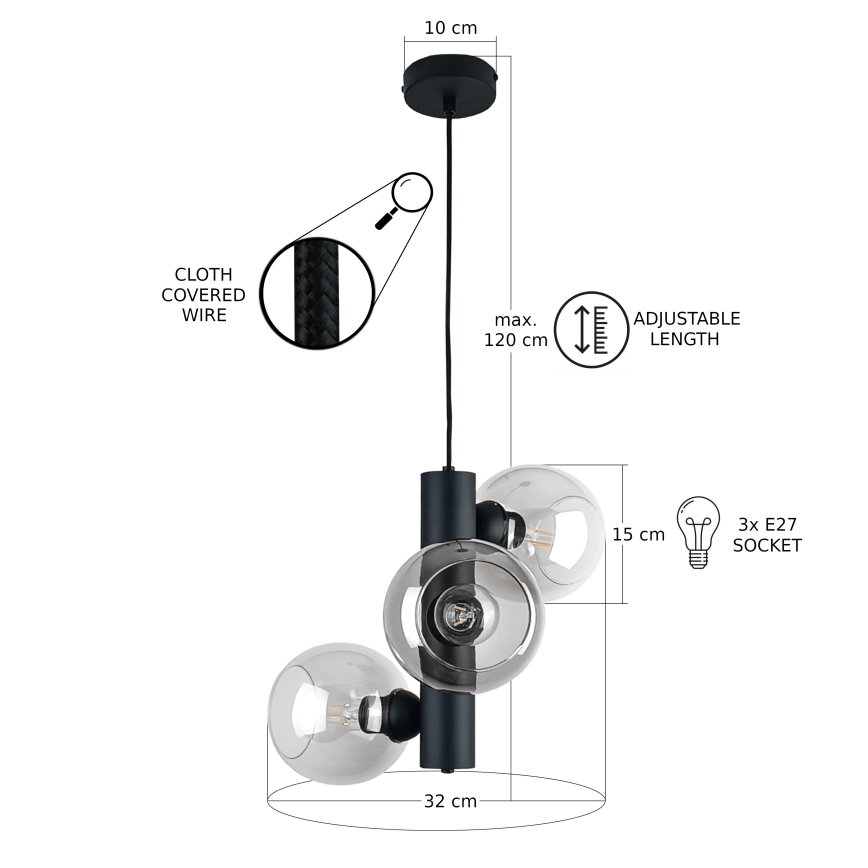 Lampadario a sospensione con filo TUBE 3xE27/60W/230V nero/limpido
